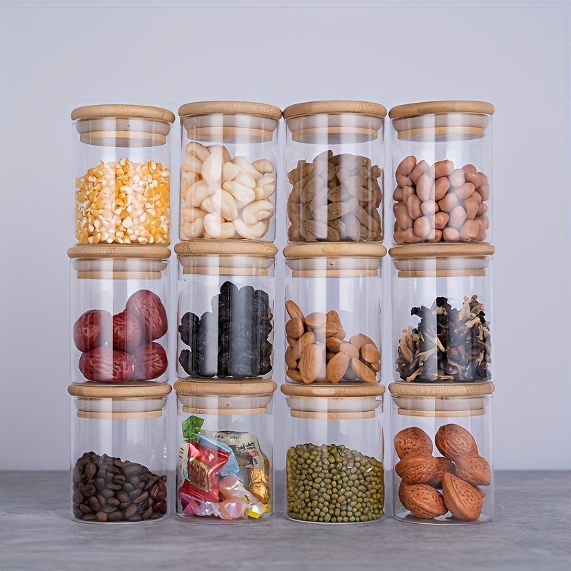 Mason Jar 8Oz - 12 ชิ้นแก้วขวดเครื่องเทศที่มีฝาปิดไม้ไผ่, 8 ออนซ์ Airtight ภาชนะบรรจุเครื่องเทศที่มีป้ายสีดํา,