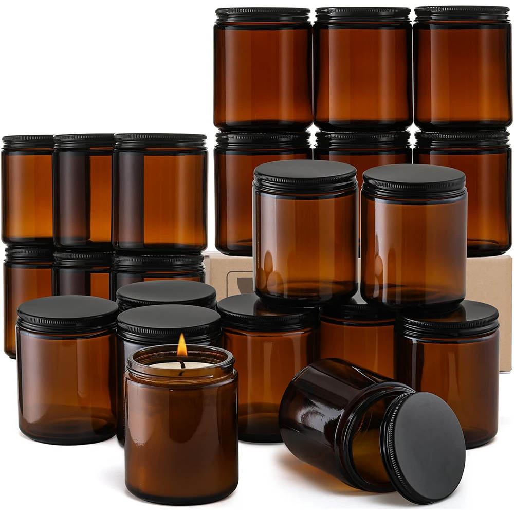 Mason Jar 8Oz - ขวดแก้วสีอำพันขนาด 8 ออนซ์ พร้อมฝาสีดำ - สำหรับทำเทียน,