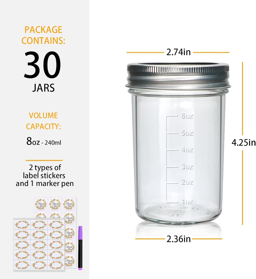 ชุดโหลแก้วใสขนาด 8 ออนซ์ จำนวน - Mason Jar 8Oz บทวิจารณ์และราคา